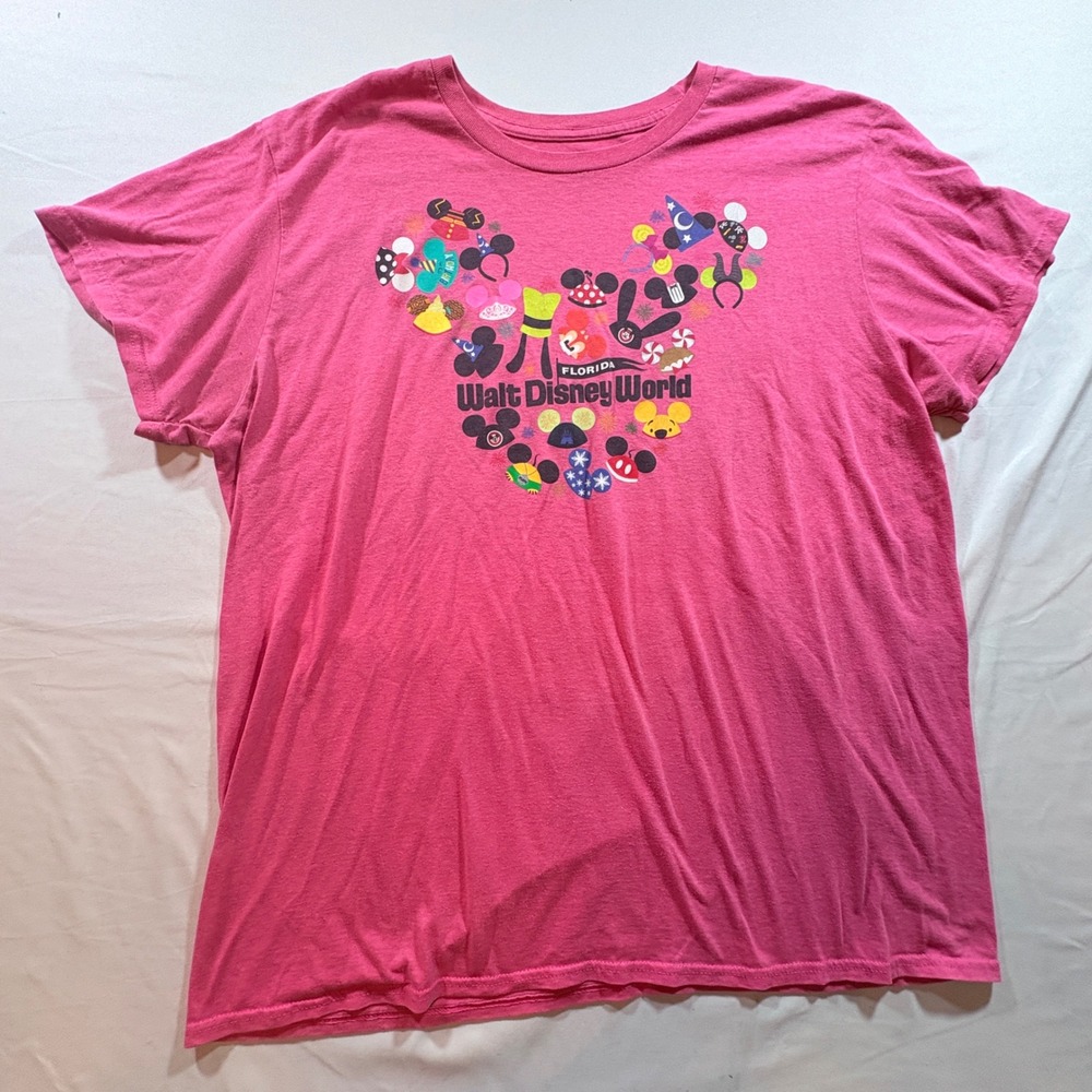 Disney Walt Disney World Graphic T-Shirt Pink Womens XXL Mickey Mouse Park Icons